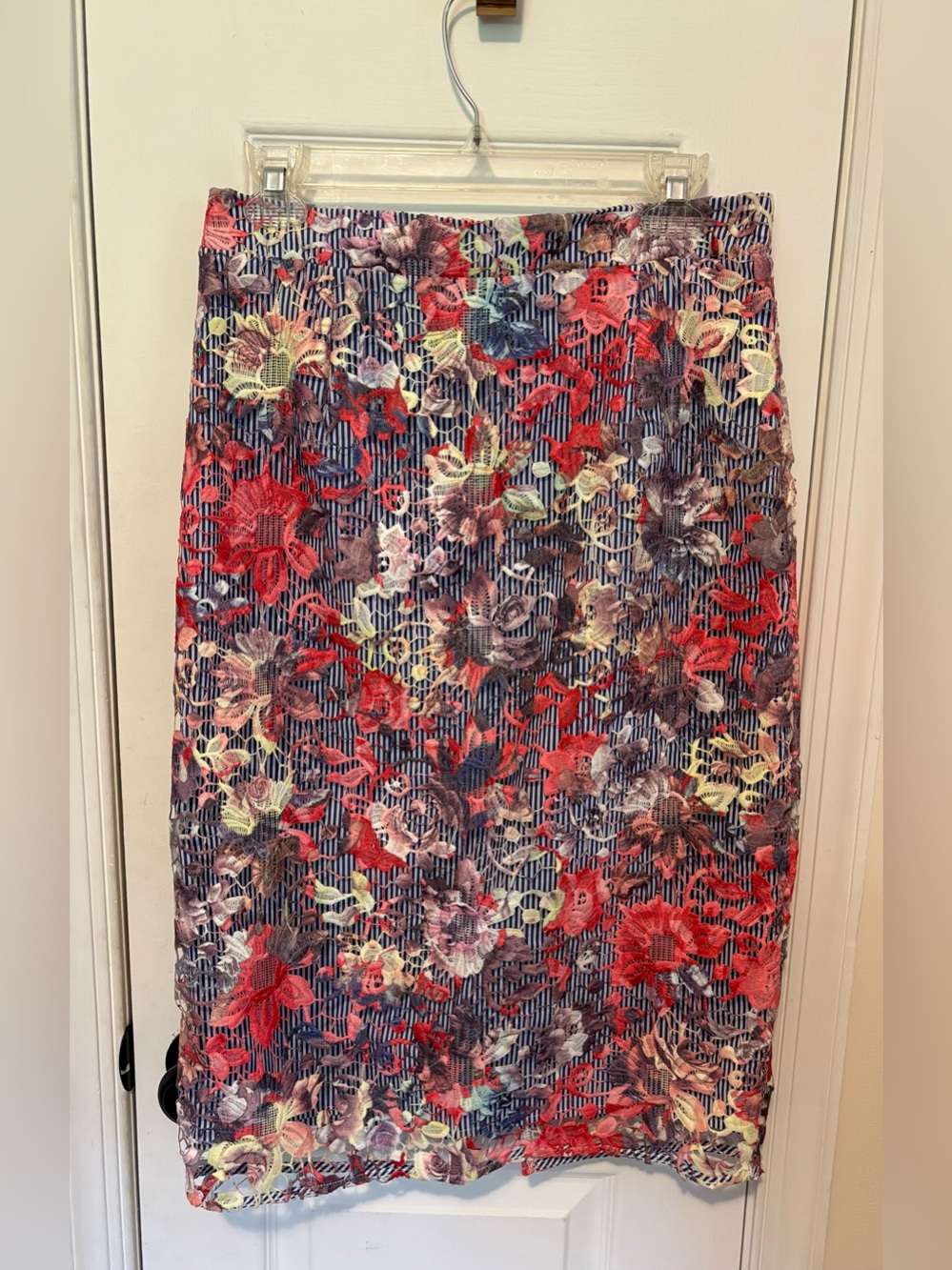 Halogen Navy Striped Floral Lace Pencil Skirt